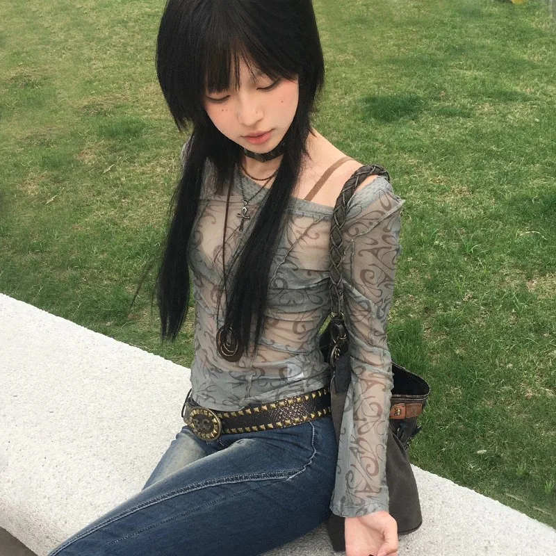 Karrram Grunge Aesthetics Mesh Tops Japanese Y2k Sheer Tops Vintage Harajuku See Through Crop Top Korean Fashion Tie Dye T-shirt