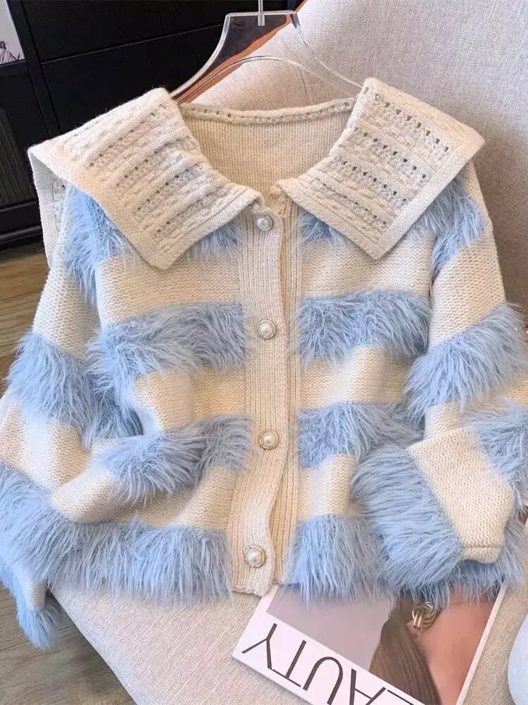 Doll Collar Imitation Mink Hair Stitching Sweater Coat Luxury Senior Heavy Women'S Autumn Winter Contrast Knitted Cardigan Coat