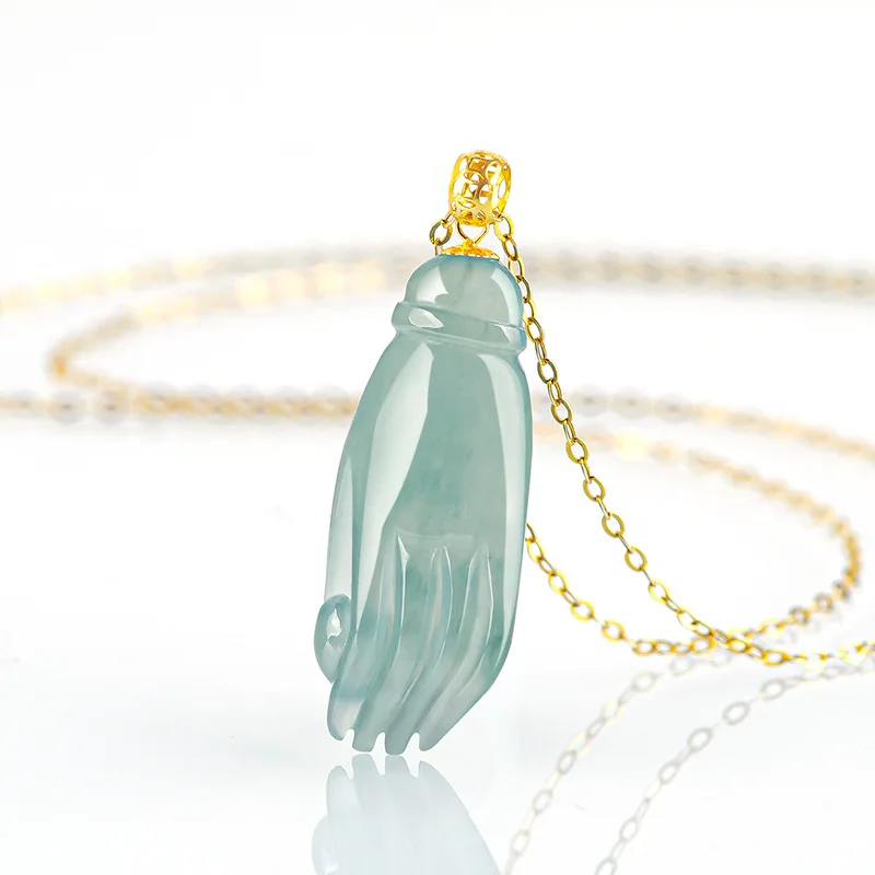 Jiale/Hand-carved/Natural Jade Inlay Blue Water Guanyin Hands Necklace Pendant Personality Fine Jewelry Men Women Couple Gift
