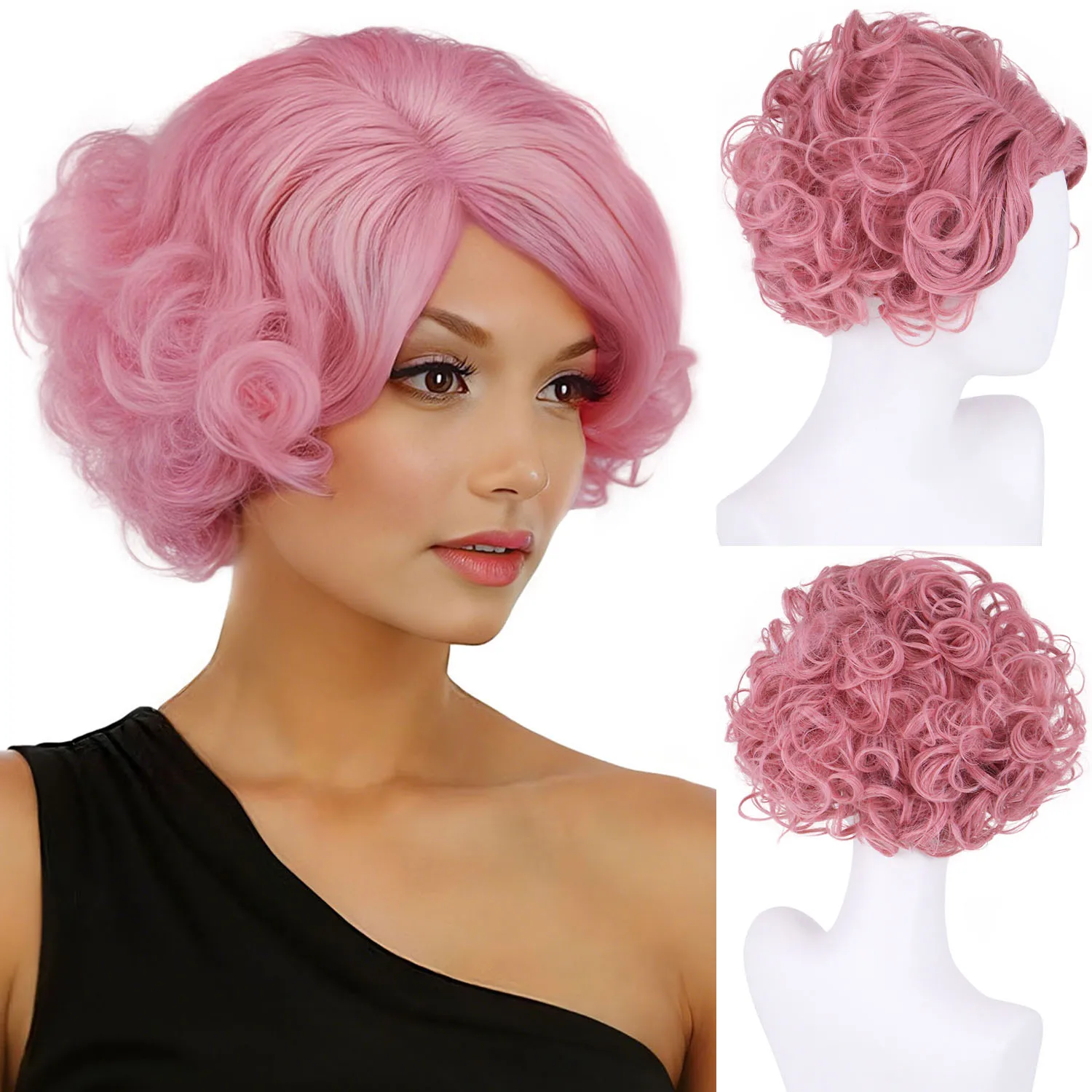 

Синтетические розовые парики для женщин и девочек, короткий вьющийся парик с челкой, ретро парик с волнистыми пальцами для костюма, Хэллоуина, косплей, парики Лолиты