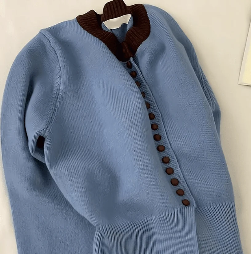 

Blue Lazy Style Soft Knitted Cardigan Women's Spring Autumn New Style High-end Splicing Color Design Button Round Neck Sweater