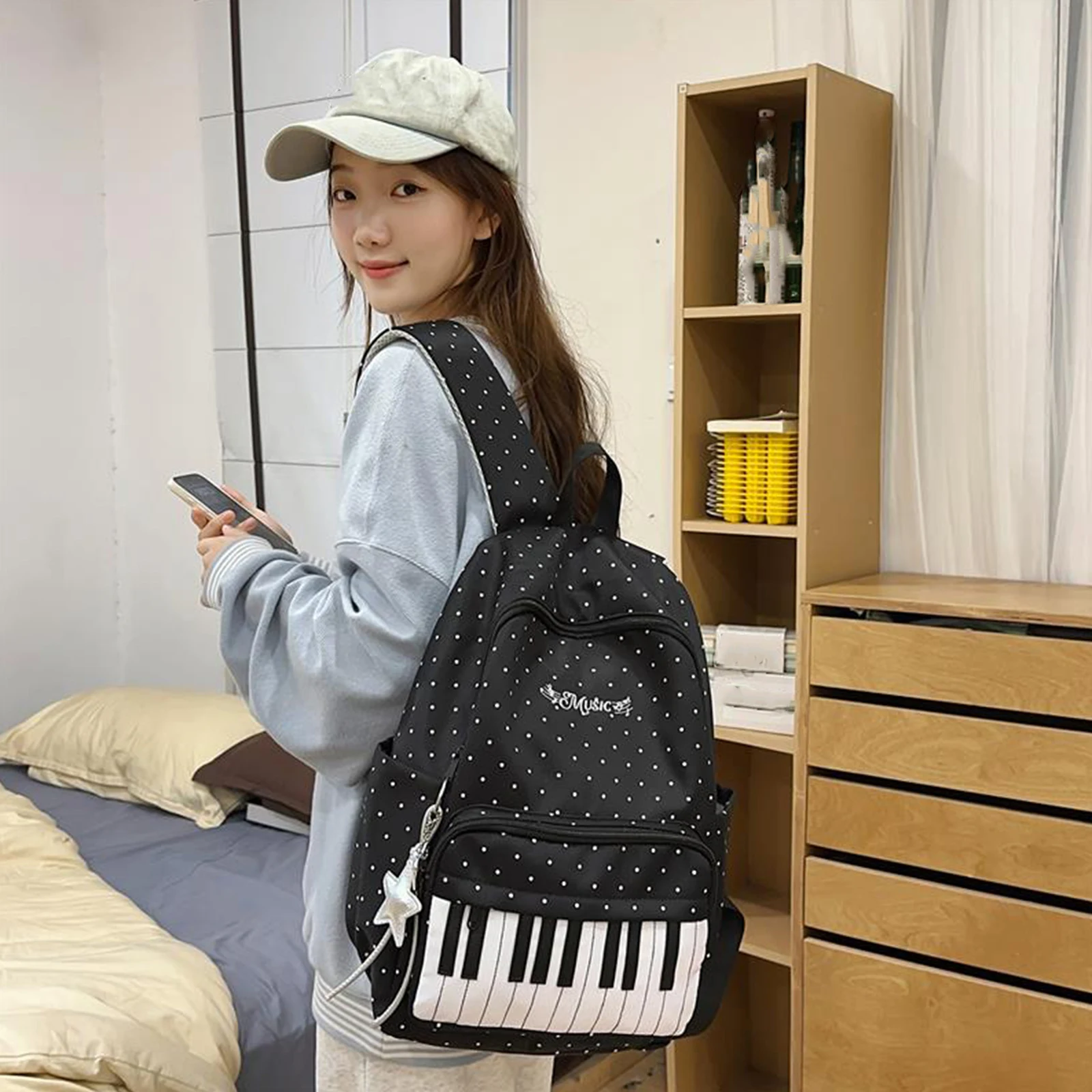 Nylon Casual Backpack 16.9 Inch Polka Dot Piano Key Laptop Bag with Pendant for Teen Girls Travel Shopping Daily Use