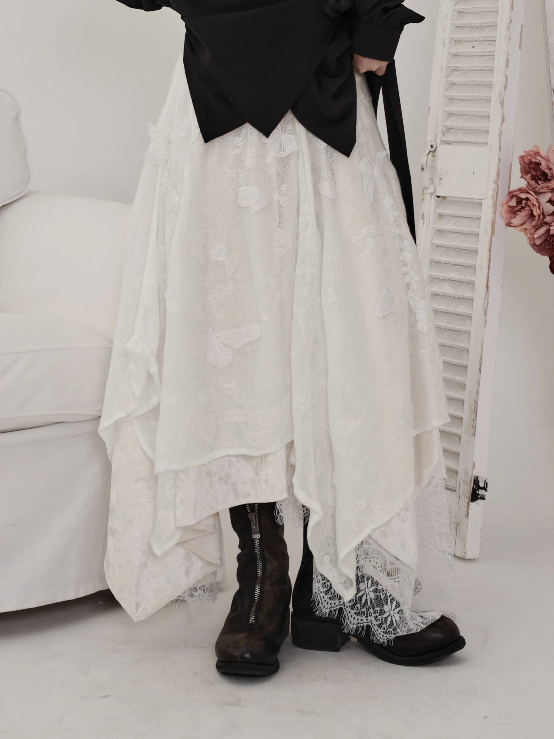 

k Pioneer Асимметричная юбка Кружевная эластичная ткань Bla Свободная юбка средней длины Дышащая, приятная для кожи