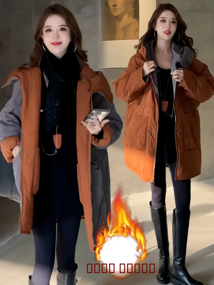 

Ladies Thiened Fce Lined Hooded Jaet Mid-Length Korean Sle Loose Fit Winter Coat Warm Comfortable Cotton Padded Coat