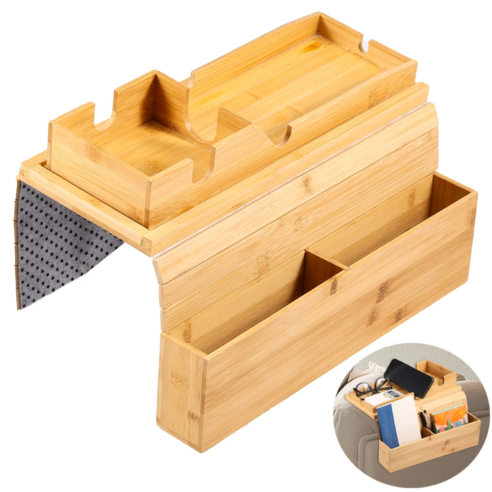 Bamboo Couch Cup Holder Anti-Slip Sofa Armrest Tray Foldable Multifunctional Sofa Cup Holder for Remote Control Cups Snack