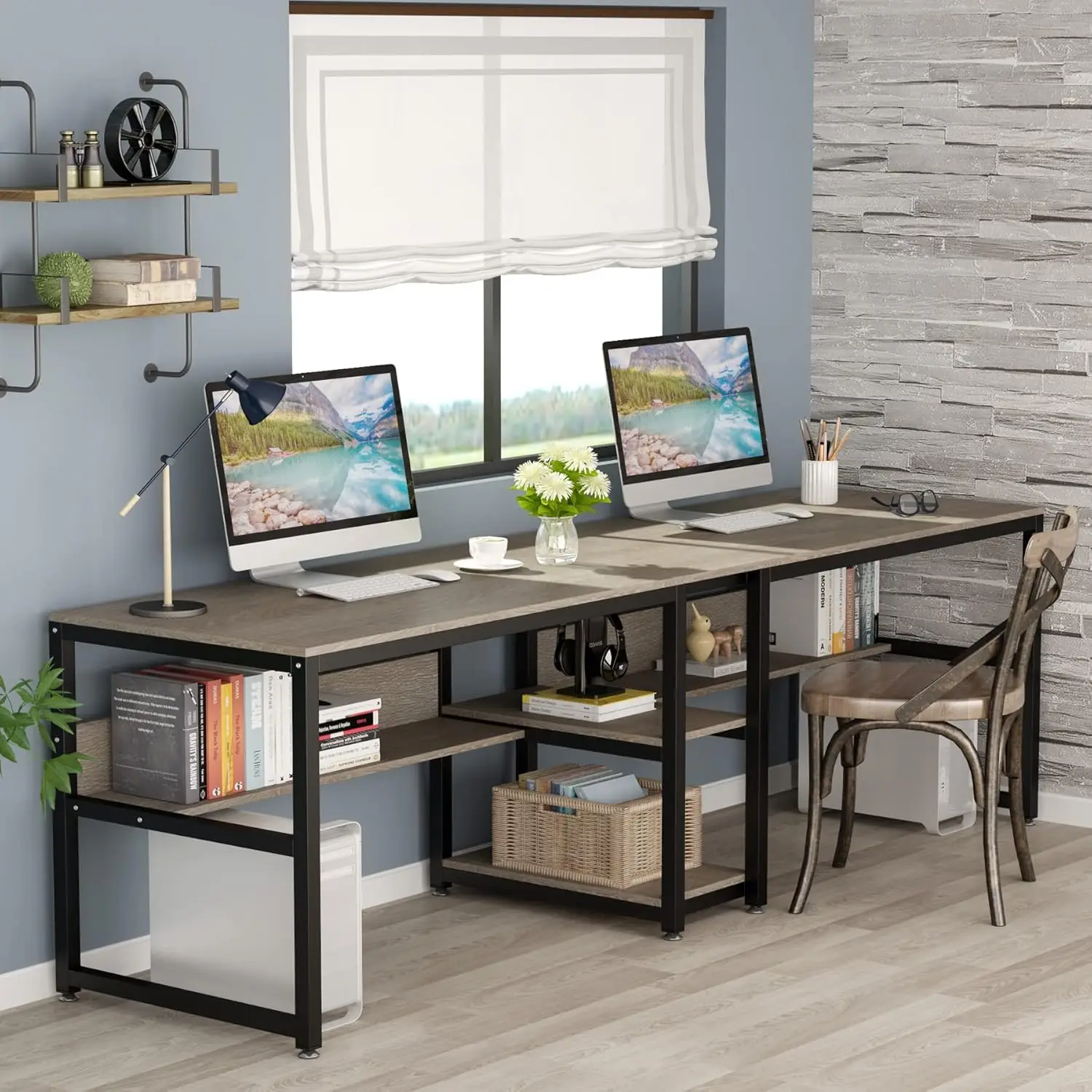 Tribesigns Two Person Desk with Bookshelf, 78.7 Computer Office Double Desk for Two Person, Rustic Writing Desk Workstation with