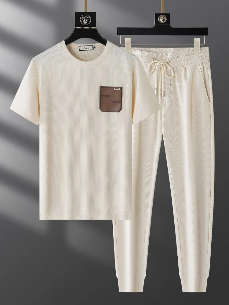 

High-End Faion Ice Silk Sports Set Men's Summer Cuffed Casual Sweatpants Thin round Ne ort Sve Two-Piece Set