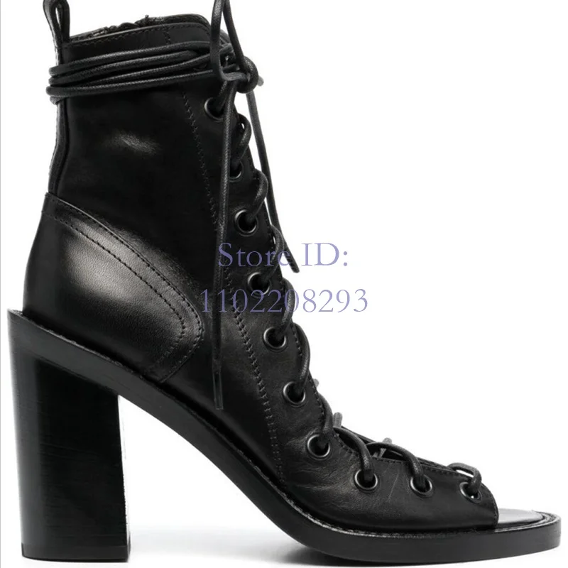 Black Zipper Cross Tied Chunky High Heel Sandals Round Toe High Cover Heel Boots Summer 2024 New Women Rome Sandals Shoes