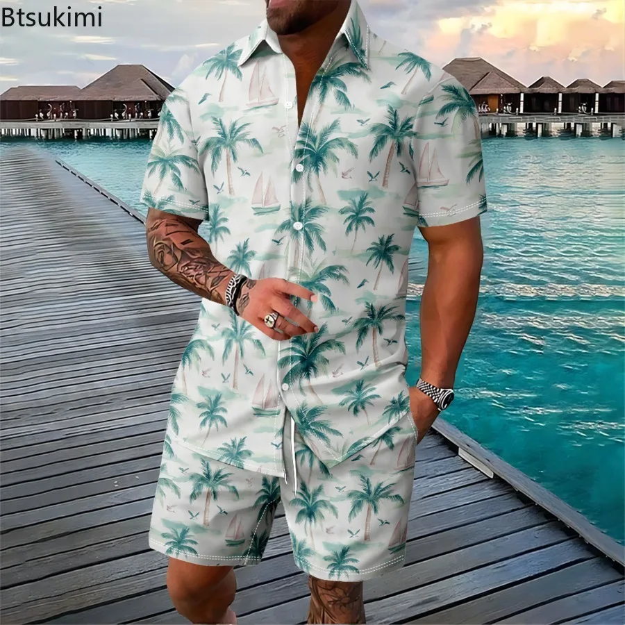Hawaiian Vacation Sets Men's Fashion Print Summer Casual 2-piece Sets Short Sleeve Shirt and Shorts Daily Versatile Beach Outfit