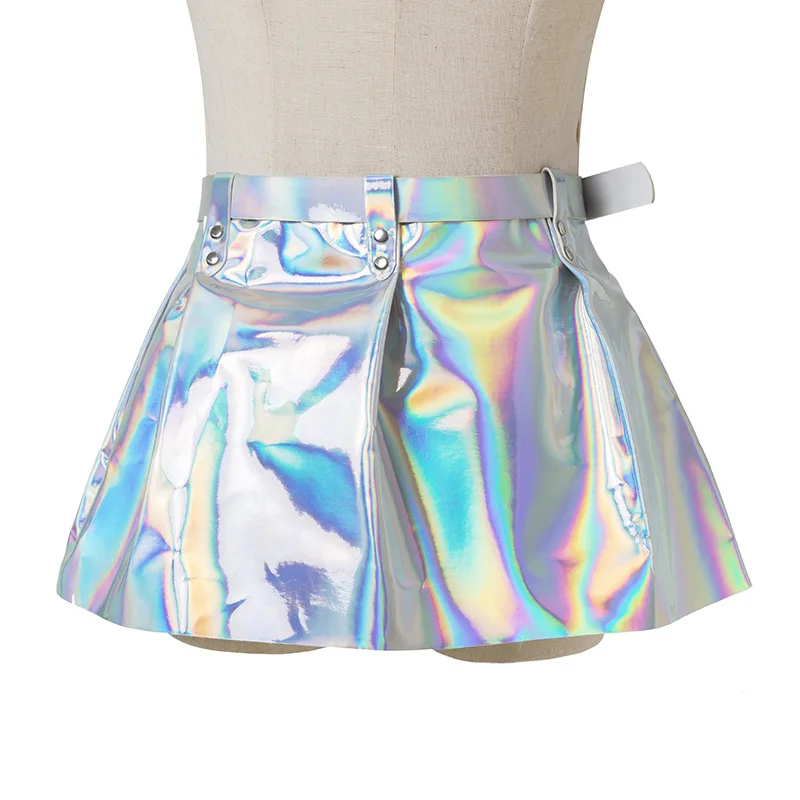 Silver Metallic Gothic Mini Skirt Sexy Women Dance Hologram Summer Punk Waist Belted Skirt High Waist Y2K Ball Gown Female Mujer