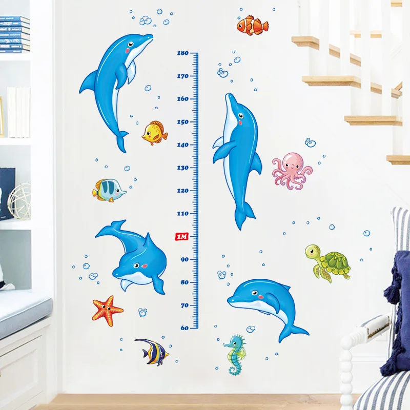 Cartoon Dolphin Height Measurement Sticker (PVC Material) Suitable for Children's Rooms, Bedrooms, and Living Rooms