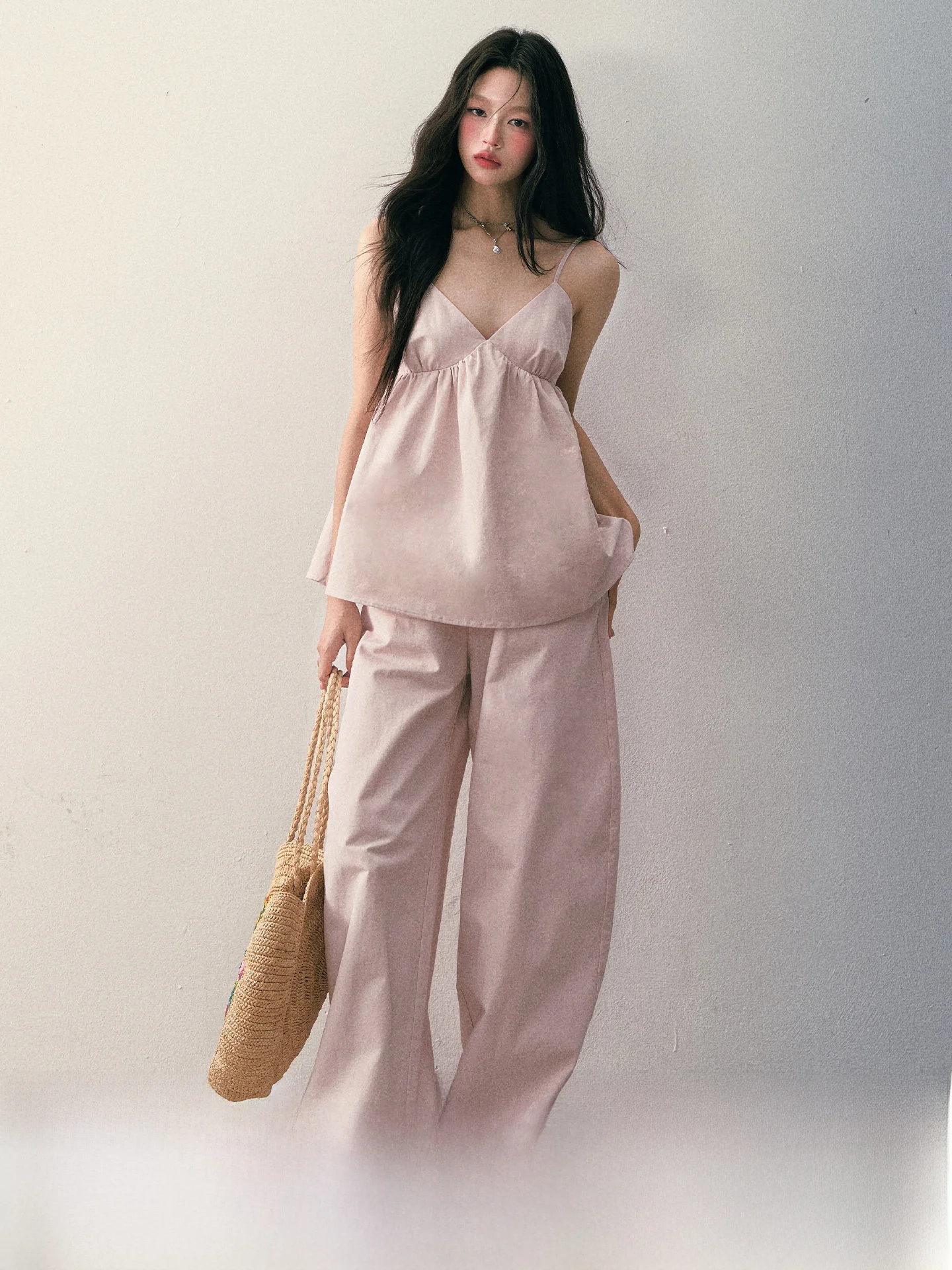 

ay Розовая майка из чистого хлопка с v-образным вырезом и широкие брюки, комплект из двух предметов, повседневная застежка на пуговицы, летняя мода для женщин