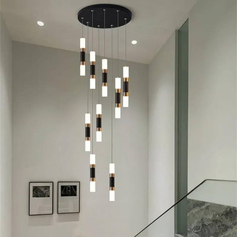 

Black Gold Stair Chandelier Modern Duplex Loft Villa Living Hanging Light Home Interior Decorative Light Dining Room Chandelier