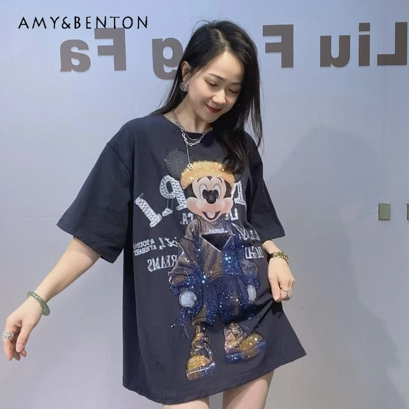 

Fashion Brand Thickened Brushed Cotton Half Sleeves T-shirt Unisex Heavy Rhinestone Loose Oversized Short Sleeved Top Tshirts