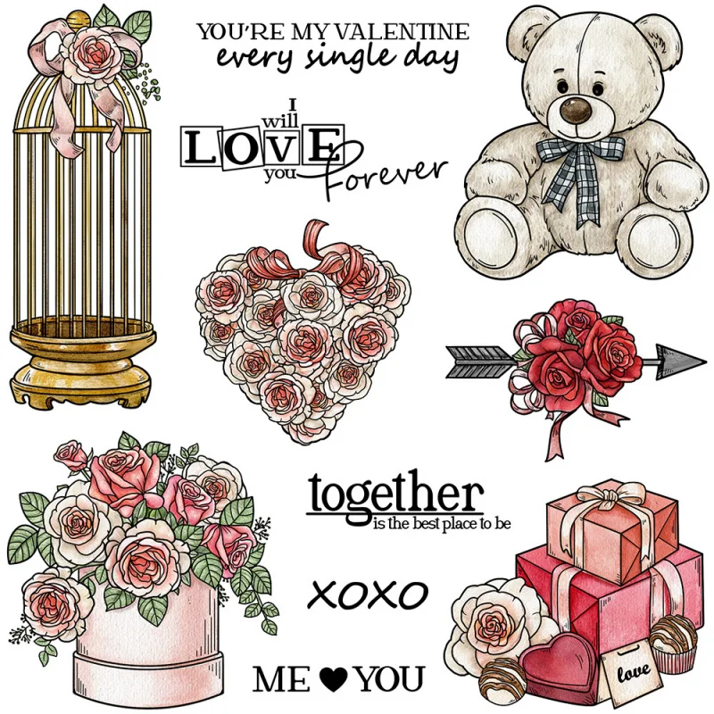 

Valentine Creative Rose Bear Gift Box Silicone Clear Stamps Etched Carbon Steel Cutting Dies for DIY Scrapbooking Handmade Greet