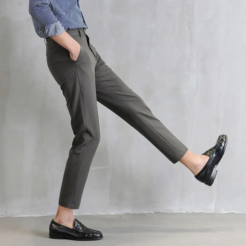 

Cropped Pants Business Suit Pants Straight Solid Color Men's Formal Pants Casual Trousers Thin Classic Suit Pants Office