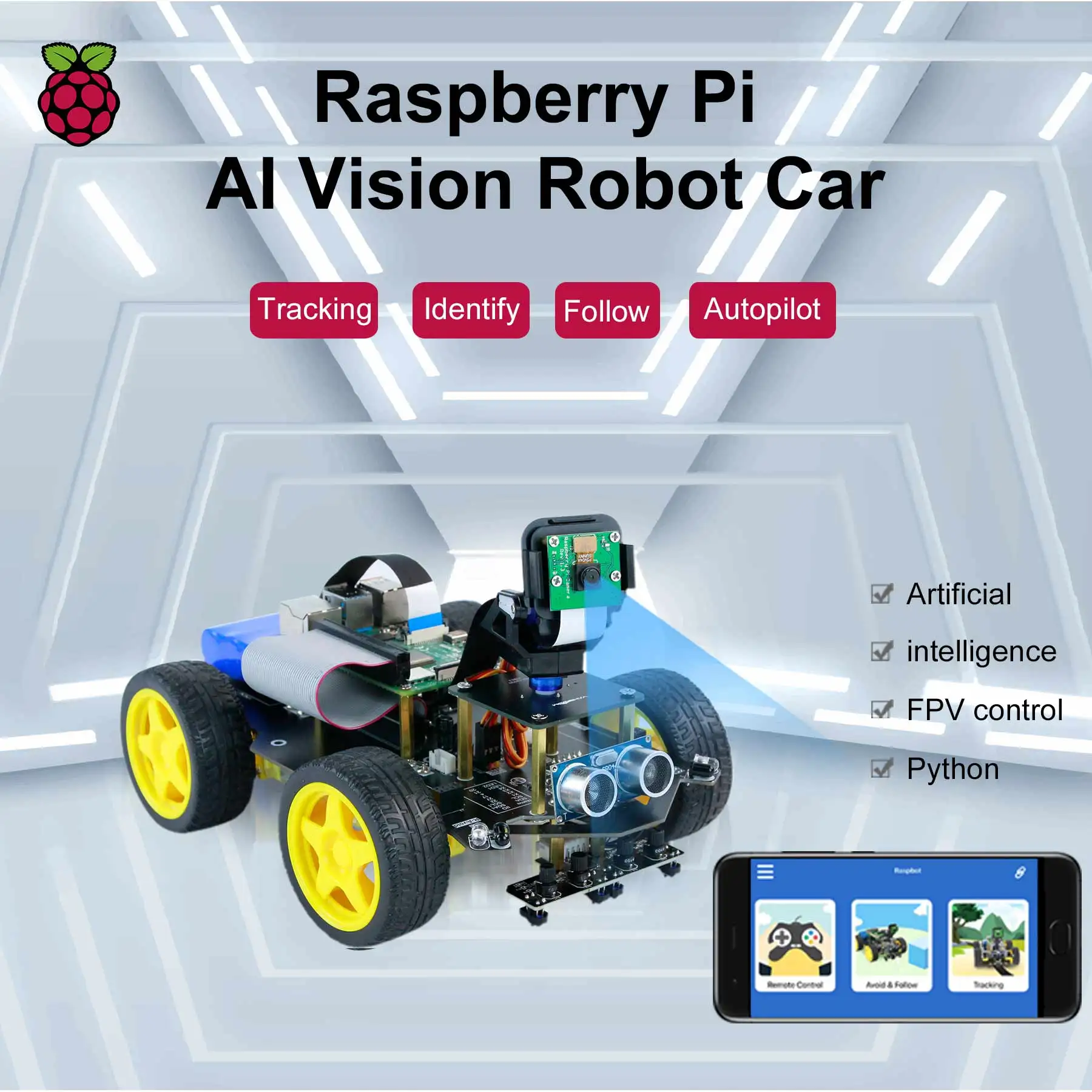 Raspbot 4WD Smart Car AI Vision Robot Learning Kit For Raspberry Pi 4B With 5MP Camera 186500 Battery FPV Control Mobile Track