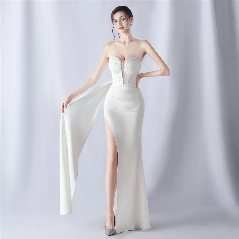 Stripless High Slit Backless Shaped Fishbone Waist Covering Heavy Industry Beaded High-End Long Prom Evening Wedding Dress