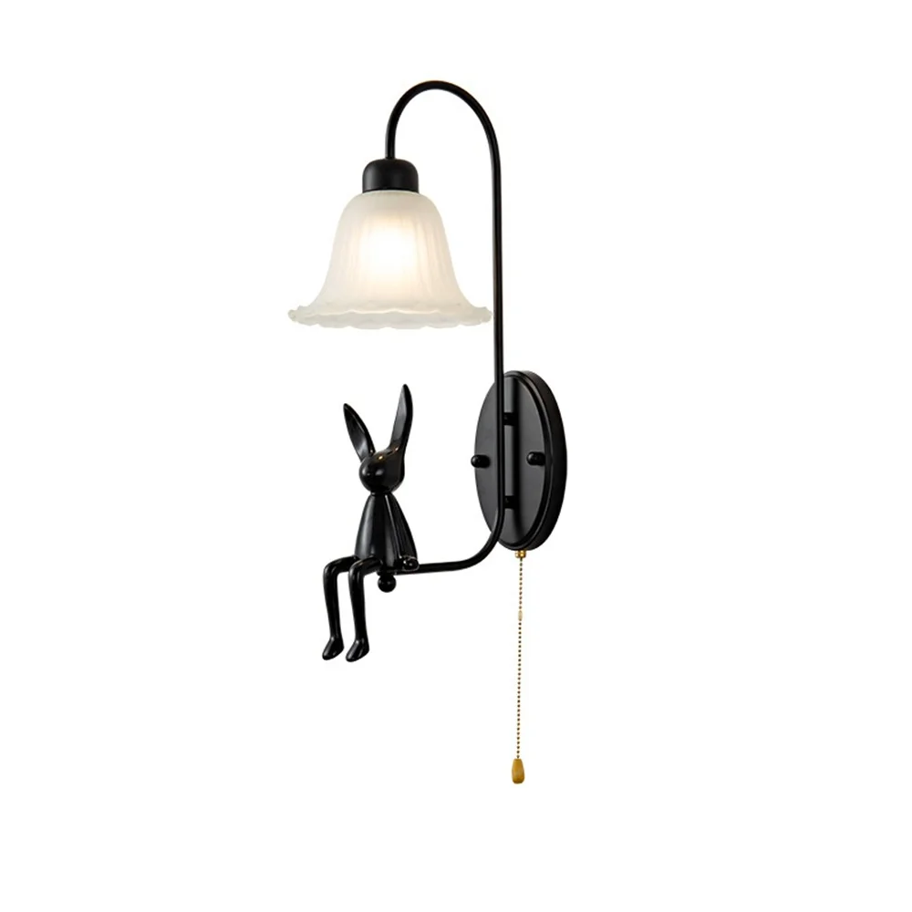 French Retro Black Rabbit Glass Shade Led Wall Lamp With Pull Rope Switch For Bedroom Bedside Sofa Study Stairs Bar Loft Lights