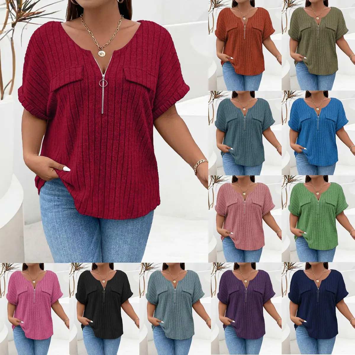 Blusa Fena Plus Size com Zíper, Manga Curta, Estilo Fak 2025, Calça Reta, Tendência Jovem de Primavera, Casual para Viage...