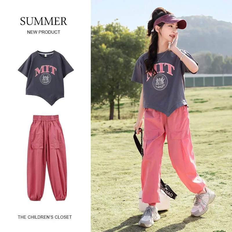 

5-16Y Girls Sets Summer Casual Letter Printing Short Sleeved T-shirt Cargo Pants Korean Fashion Sports Children's Two Piece Set