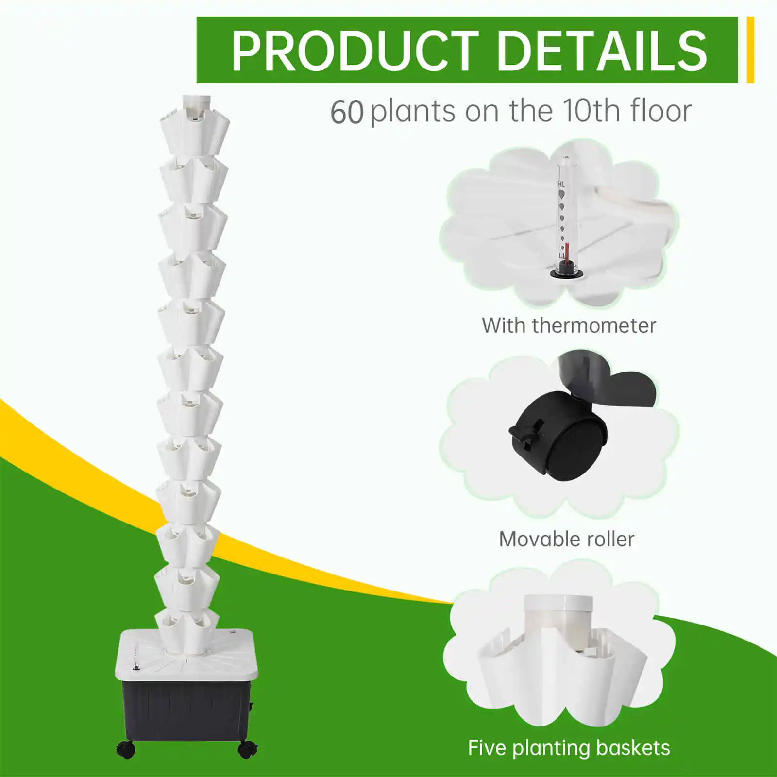 برج زراعة الزراعة المائية 60 فتحة، أبراج زراعة الخضروات مكونة من 12 طبقة، مجموعة إنبات النباتات العمودية للزراعة الداخلية #5