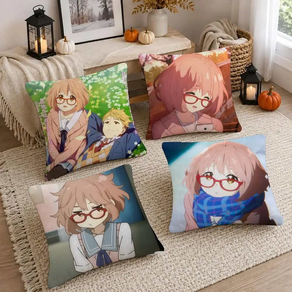 Hot Anime Beyond Boundary Cushion Cover Short Plush Pillow Cover, Washable Wrinkle-Resistant for Sofa Bedroom Decor Gift