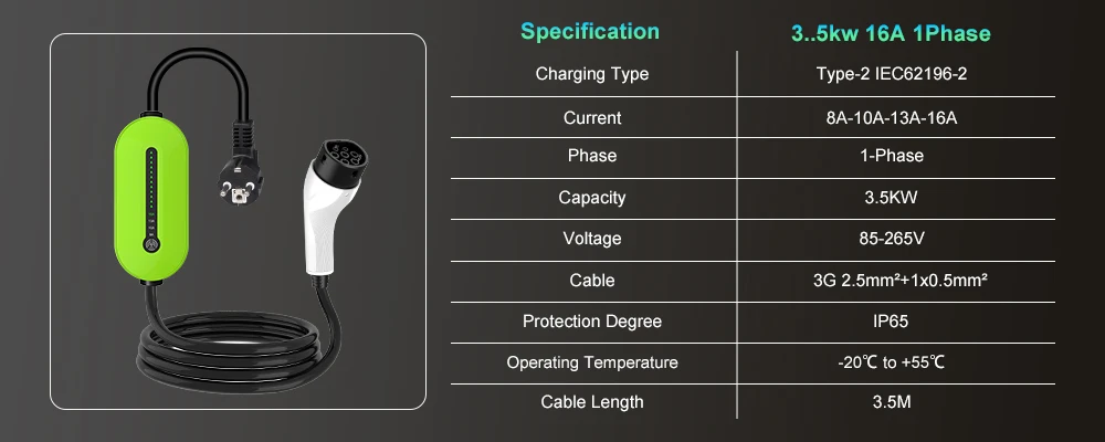 IPENGEN 3,5KW EV-Ladegerät Tragbar Typ2 16A 1-Phasig GB/T / Typ1 EVSE Ladebox für Elektrofahrzeuge mit Einstellbarem Strom – Detail 1