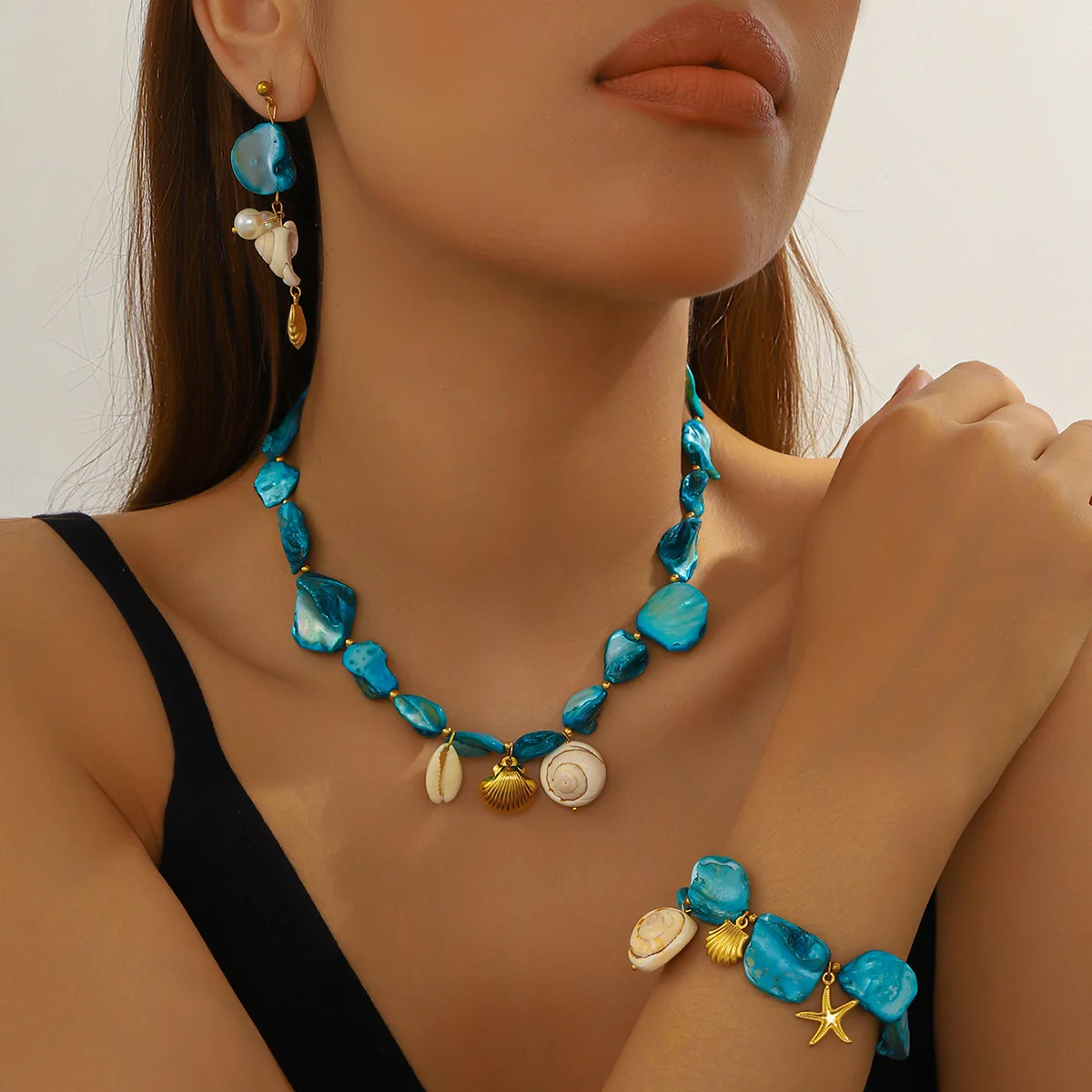 

3Pcs Stainless Steel Starfish Conch Necklace Bracelet Earrings for Women Trend Blue Color Ocean Jewelry Set Summer Party Gift
