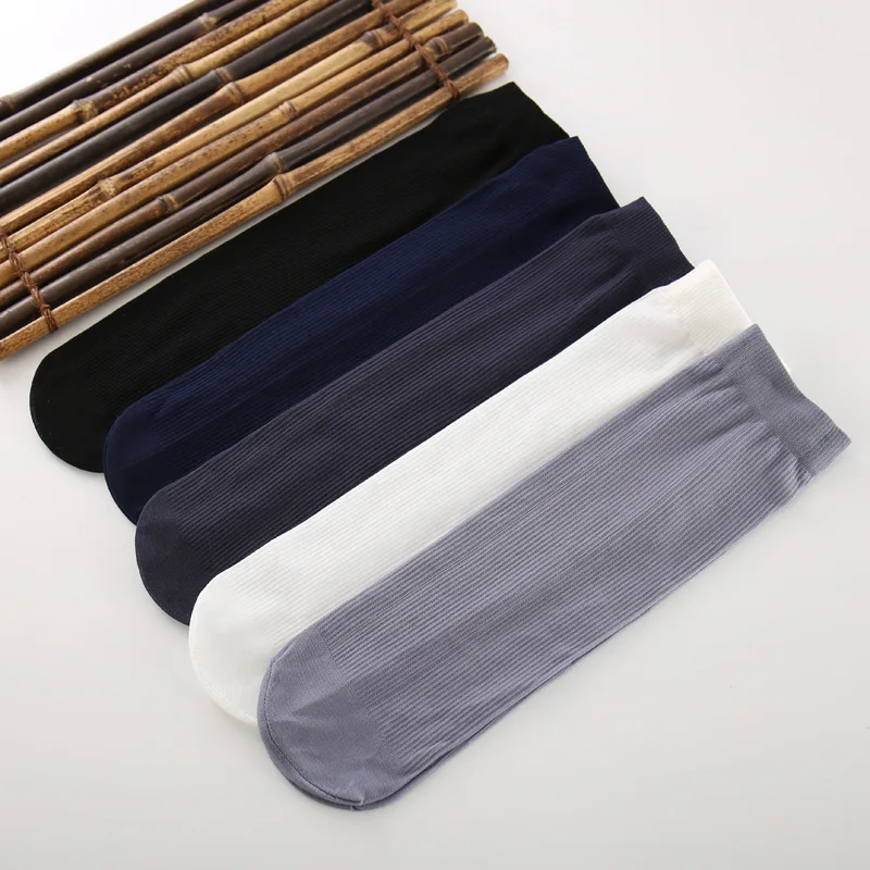 New Solid 5pairs/Lot Business Mens Summer Socks Thin Silk High Elastic Nylon Breathable Casual Short Crew Socks Male Cool Socks