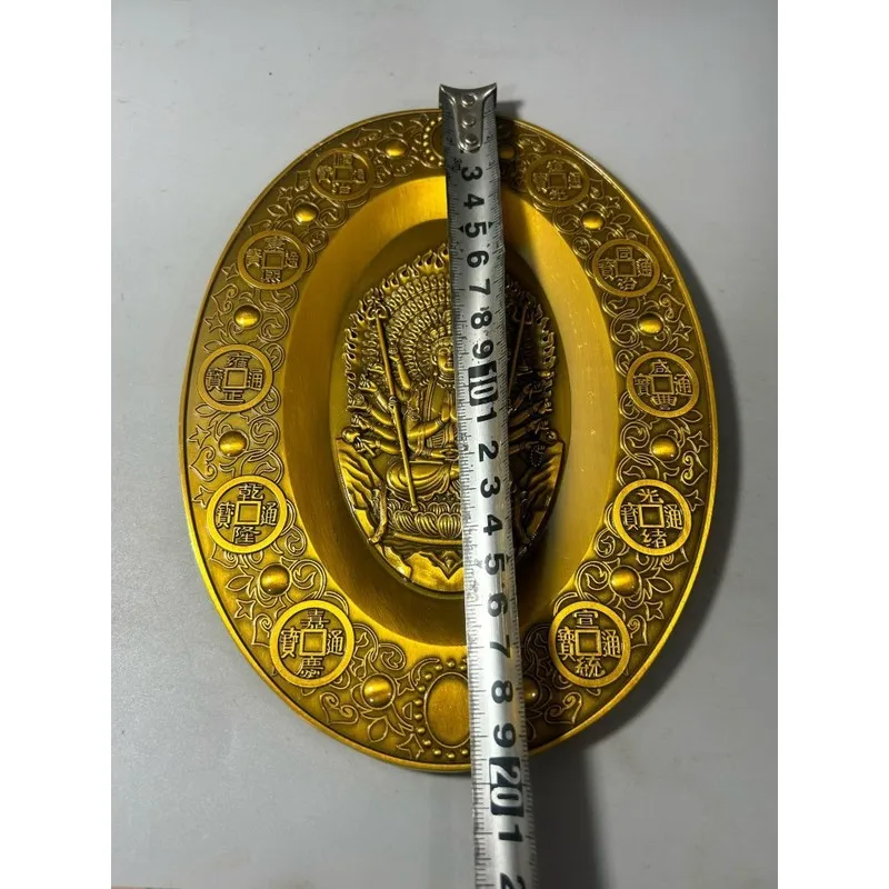 Vintage Zinc Alloy Silver-Plated Thousand-Handed Avalokiteshvara Plate Inlaid with Gemstones and Five Emperors Coins, Antique Cr