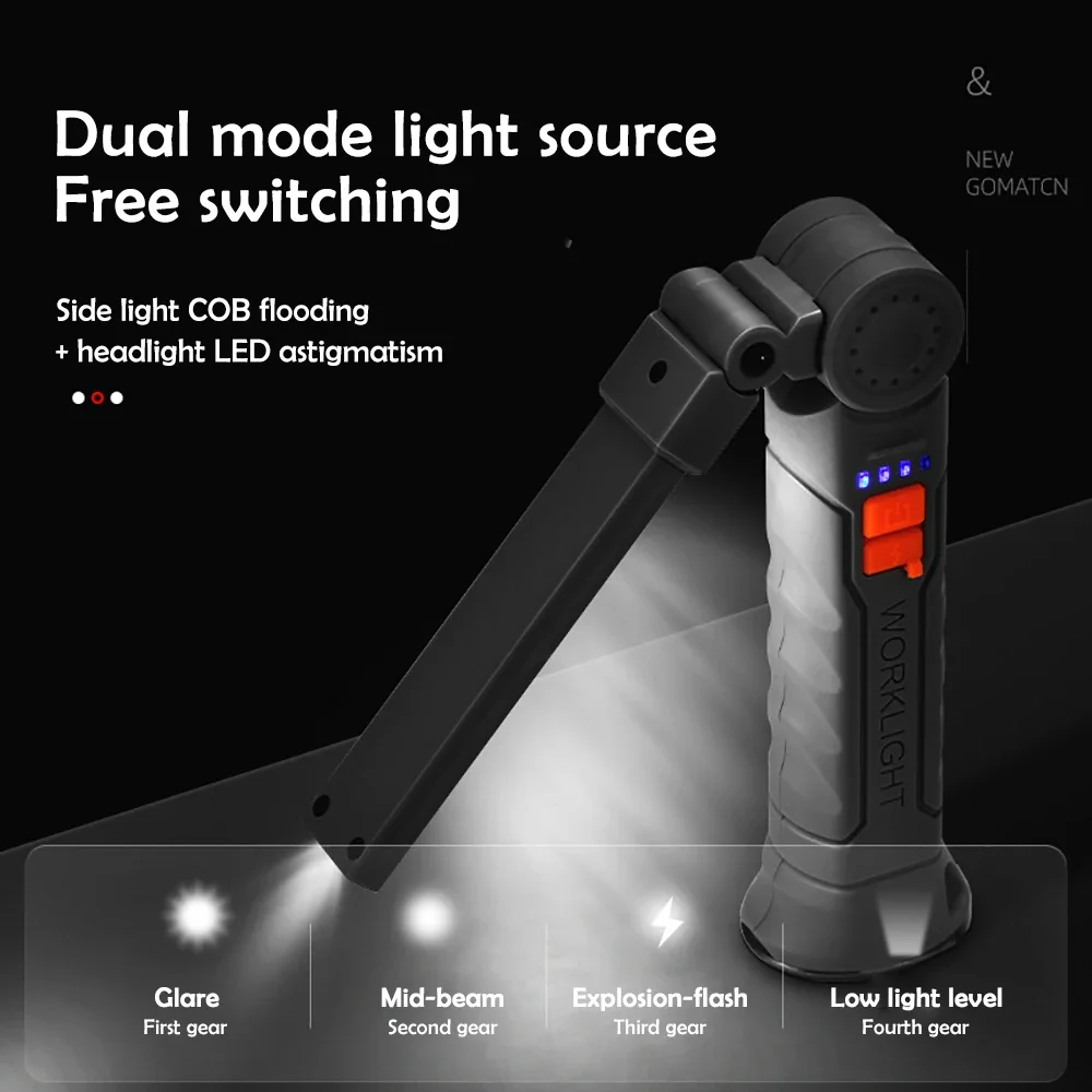 COB Work Light LED Work Flashlight With Magnetic Base Rechargeable Hanging Hook 360° Rotate Portable Inspection Light Camping