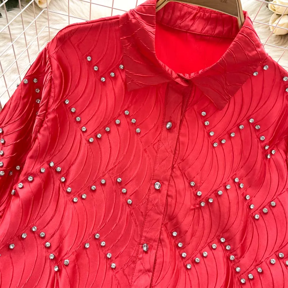 Camisa de strass de luxo para mulher 2025 novo design manga longa lanterna único breasted blusa senhoras topos solto INKEO 5T001