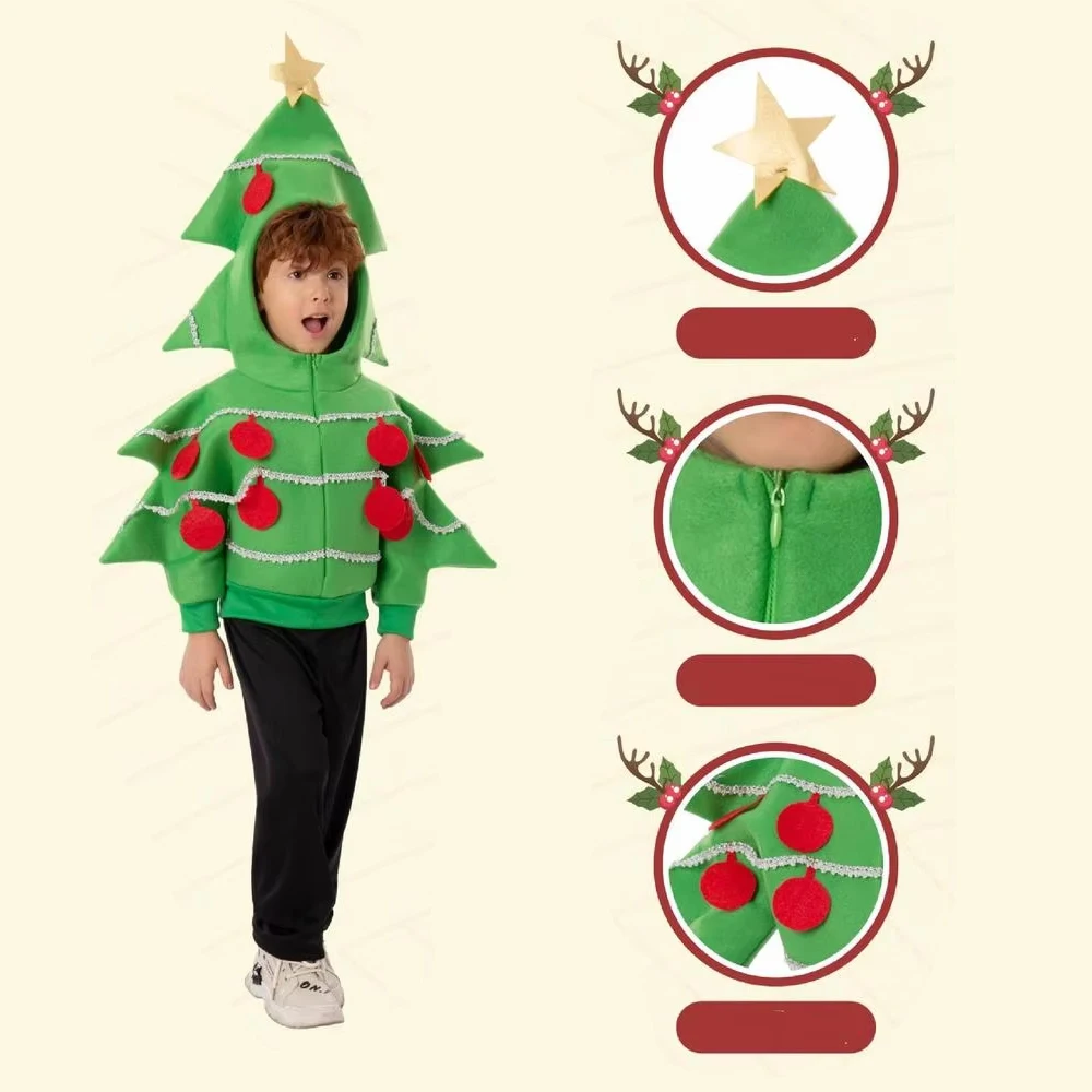 

Funny Christmas Hoodie Jacket Children Cosplay Green Christmas Tree Costume Suits Xmas Party Performance Stage Kid Outfits