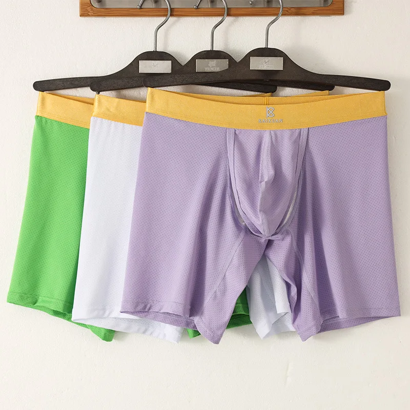 

Men Athletic Underwear with Support Pouch Long Leg Boxers Ice Silk Mesh Breathable Panties Fly Pouch Front Open Physical Trunk