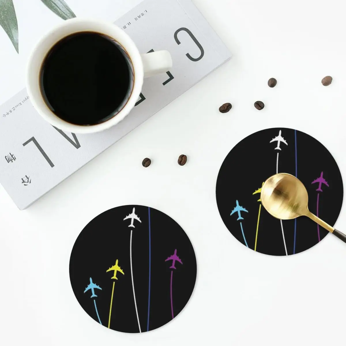 Rainbow Airplanes Flying On Eachother Coasters PVC Leather Placemats Coffee Mats for Home Kitchen Dining Pads Set of 6
