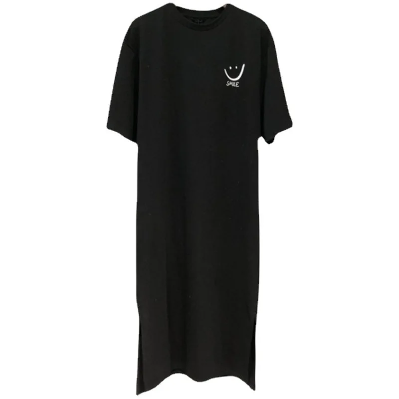 Été 2024 coréen Sle coupe ample ort Sve Midi Dr T-shirt décontracté polyvalent sourire imprimé ouvert fendu a-ligne Dr
