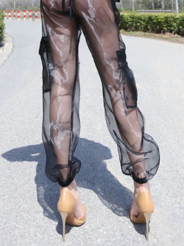 Sexy Ultra-thin Perspective Organza Casual Pants High Waisted Workwear Pants For Women Summer Women Slim Long Pants Wide NXP1