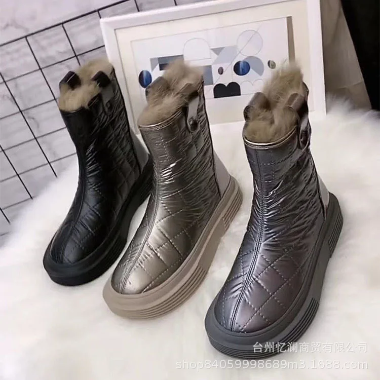 

Fashion snow boots women's 2022 winter new round head pure color artificial fur thick bottom warm casual cotton shoes