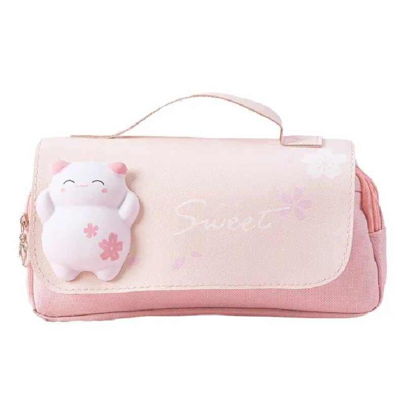 Kawaii Cat Decompression Pencil Case Large Capacity Pencil Box Double Layer Bag Portable Storage Box School Pouch Stationery