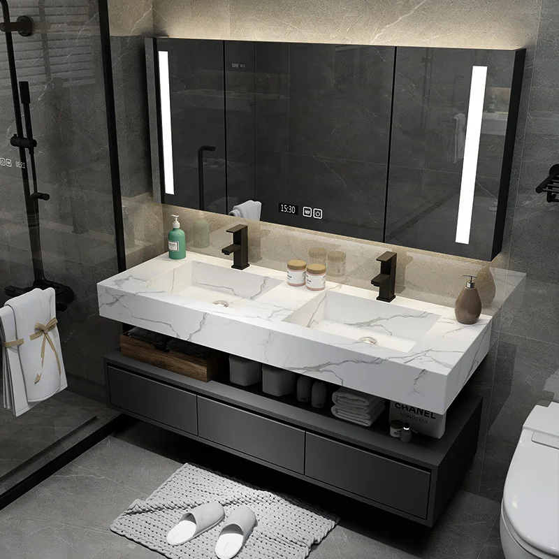 

Built-in ready-made bathroom modern mirror bathroom vanity with rock stone counter