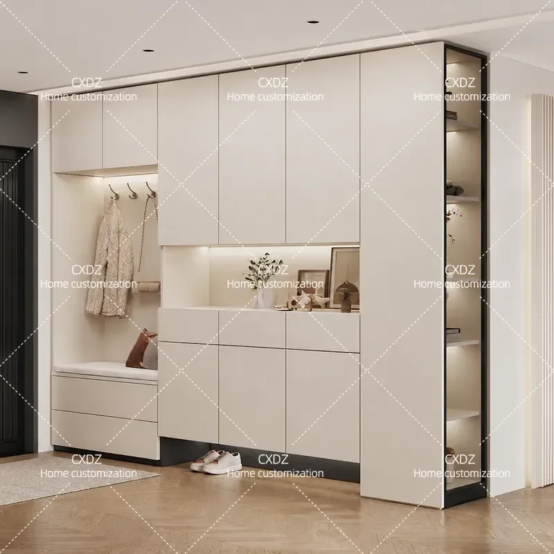 Cream Style Solid Wood Shoe Cabinet Ousong Board Storage Entryway Wall Integrated Cabinet for Home Entrance Organization