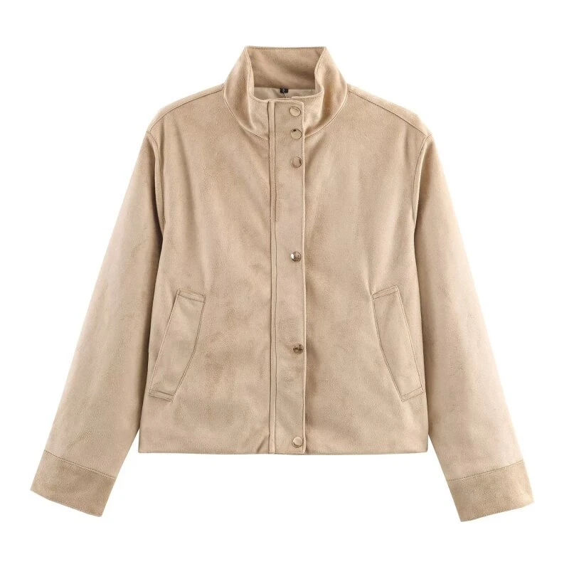 

Замшевая женская куртка с воротником-стойкой, осеннее повседневное пальто, женская модная теплая уличная одежда, топы, куртка с карманами