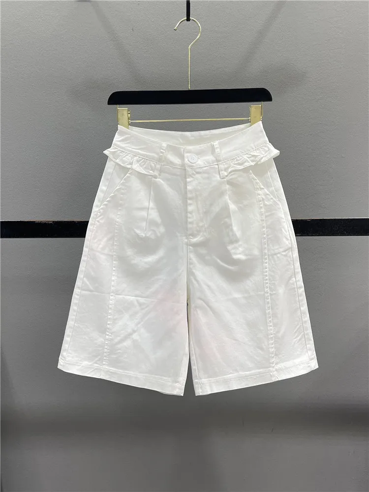 

Sweet White Wooden Casual Mid-Length Pants Women's Loose Straight Leg Wide Leg Pants High Waist Summer Fashion