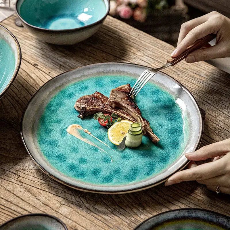 

11 Inches Blue Ceramic Dinner Plate Irregular Western Food Steak Pasta Plate Hotel Restaurant Fruit Salad Dessert Dishes Cutlery