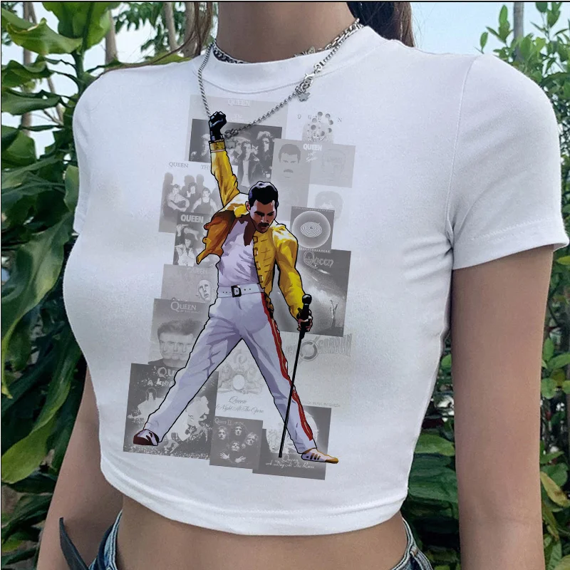 Freddie Mercury Mecury the Queen Band tshirt t-shirt women white print grunge japanese crop top clothes white t shirt