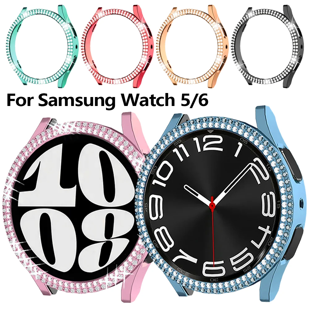 Case for Samsung Galaxy Watch 5/6 40mm 44mm Double Diamond Women Bling PC Hard Hollow Frame Protective Cover