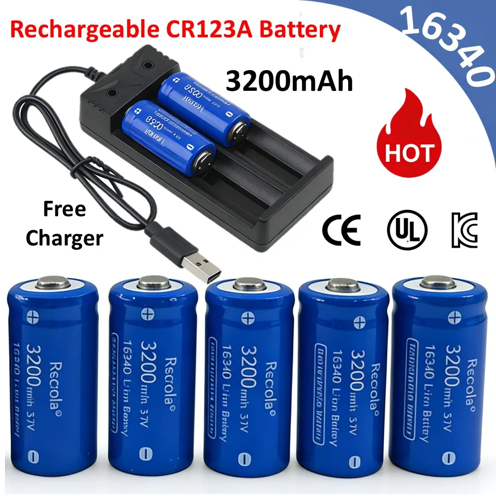 Rechargeable 16340/CR123A Battery 3200mAh 16340 Li-ion Batteries 3V Photo Battery with Charger for Arlo VMC3030Security Devices
