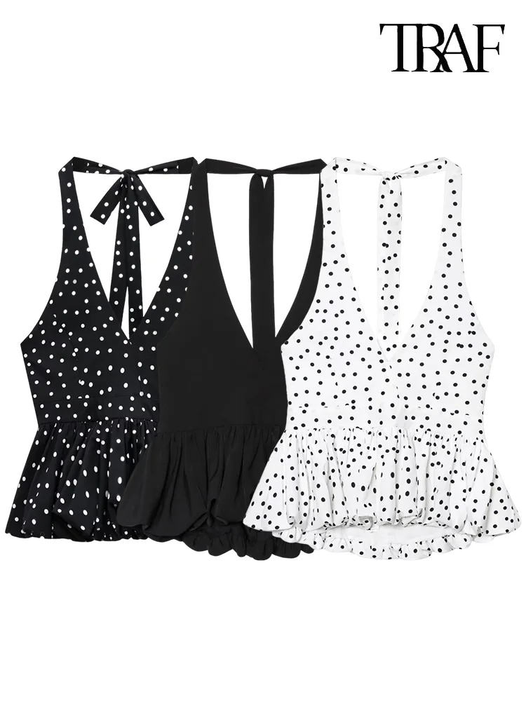 

TRAF Summer New Women's Bowknot Design Camisole Tank Top Polka Dot Print Hanging Neck Backless Top Quality Women's Clothing