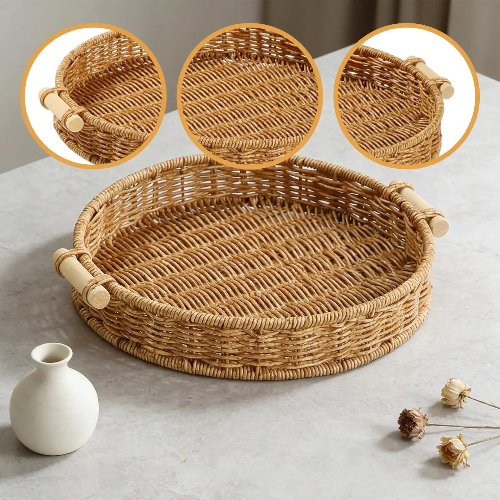 

Basket for Organizing Serving Tray Handwoven Fruit Holder Decorative Round Platter for Picnic Coffee Table